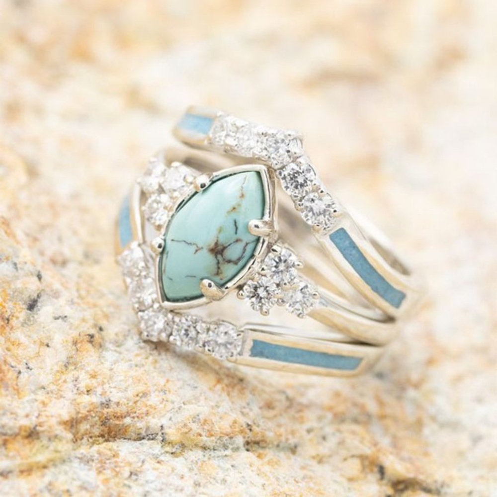 Zircon silver Faux Turquoise Boho White western nordic ring 3 piece set stackabt - Picture 3 of 5